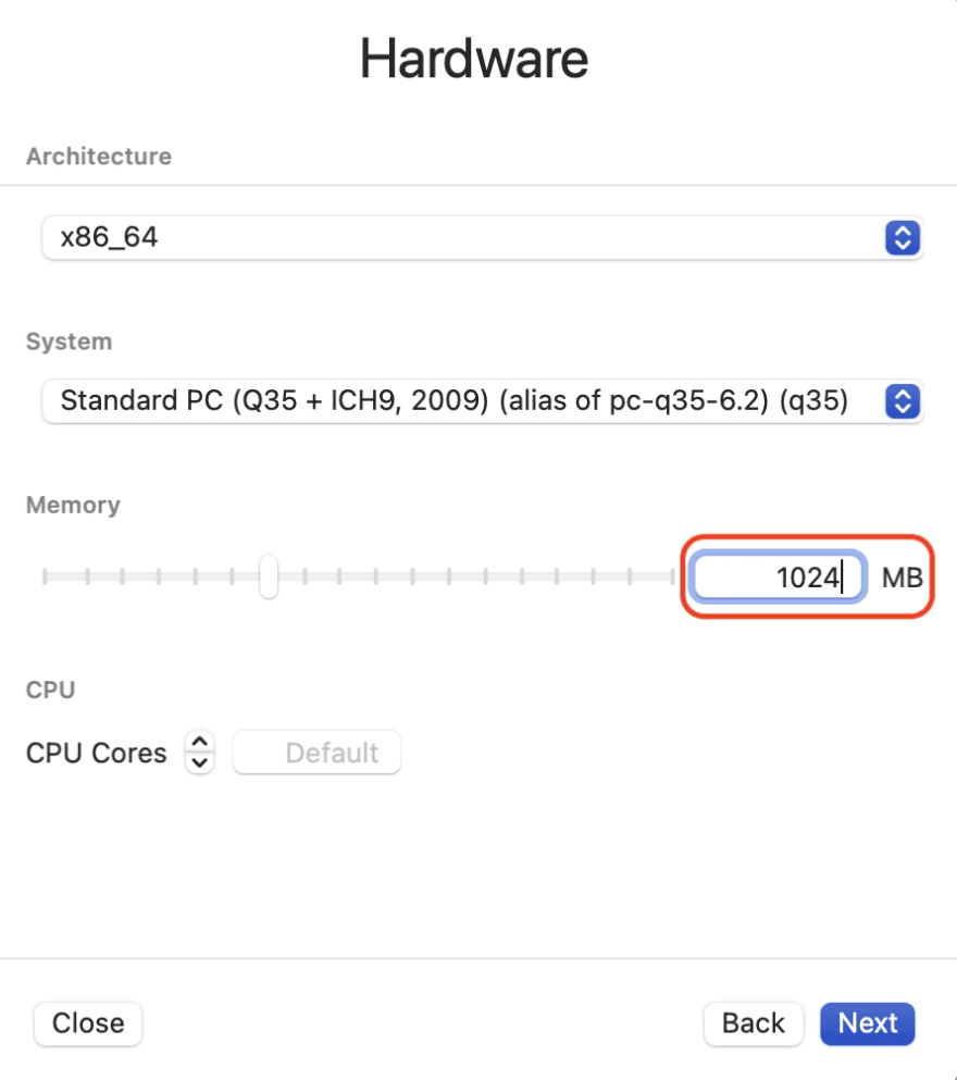 UTM new VM Hardware selection dialog box with default values except the RAM memory