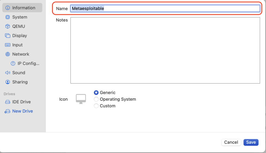 UTM VM settings main dialog box where you can edit the name