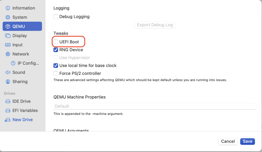 UTM VM settings QEMU menu dialog box with UEFI Boot option unchecked