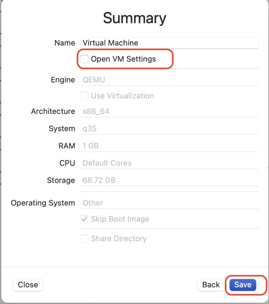 UTM new VM Summary page dialog box