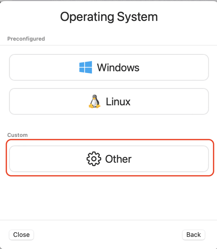 UTM new VM: Select the OS: Windows, Linux, other