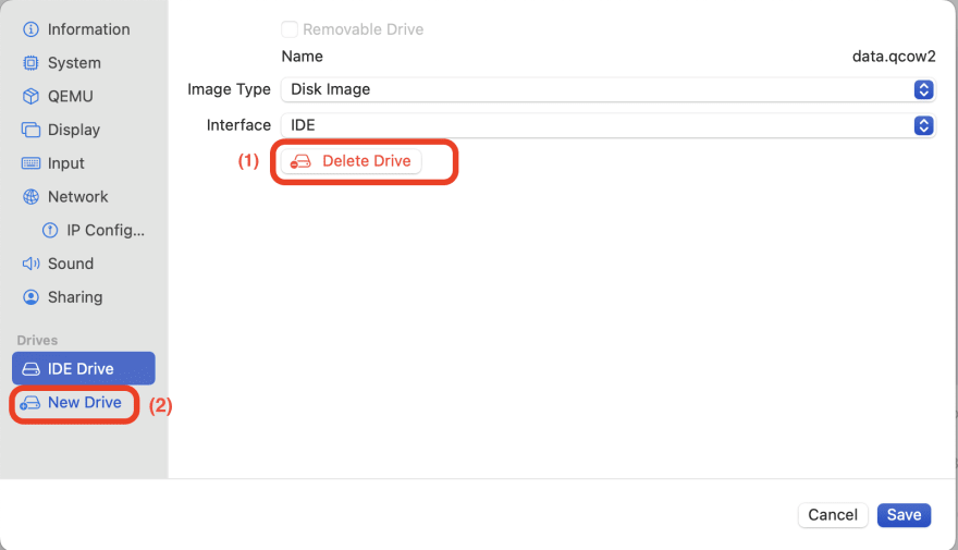 UTM VM settings, IDE drive section with delete and new drive buttons where you need to click highlighted